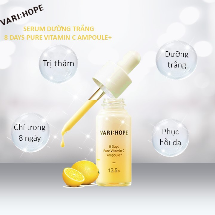 Combo 2 Sản Phẩm Dưỡng Trắng Da, Mờ Thâm Varihope 8 Days Pure Vitamin C (Serum 15ml + Kem 50ml)