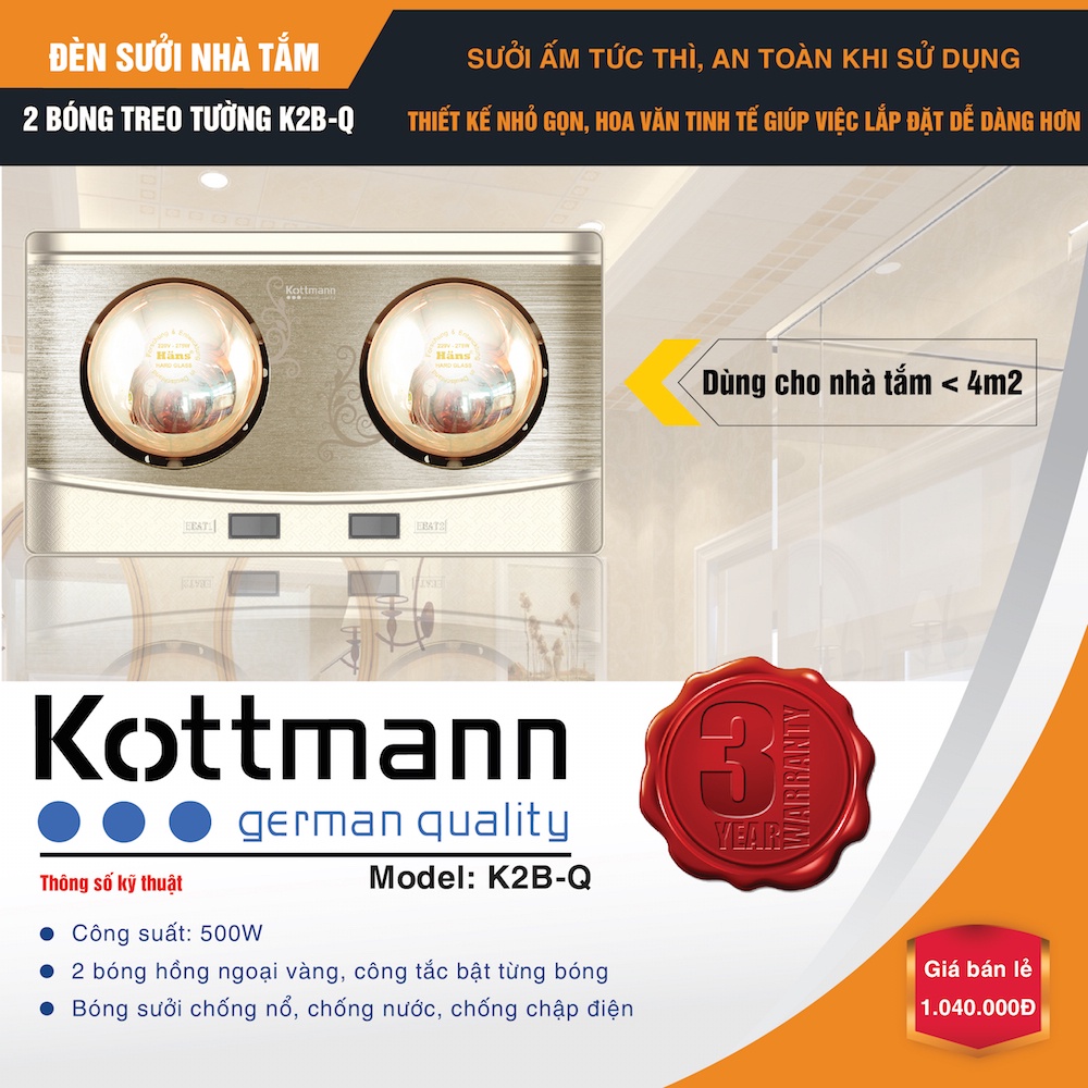 Đèn sưởi Kottmann 2 bóng K2B-Q- Hàng chính hãng-bảo hàng toàn quốc