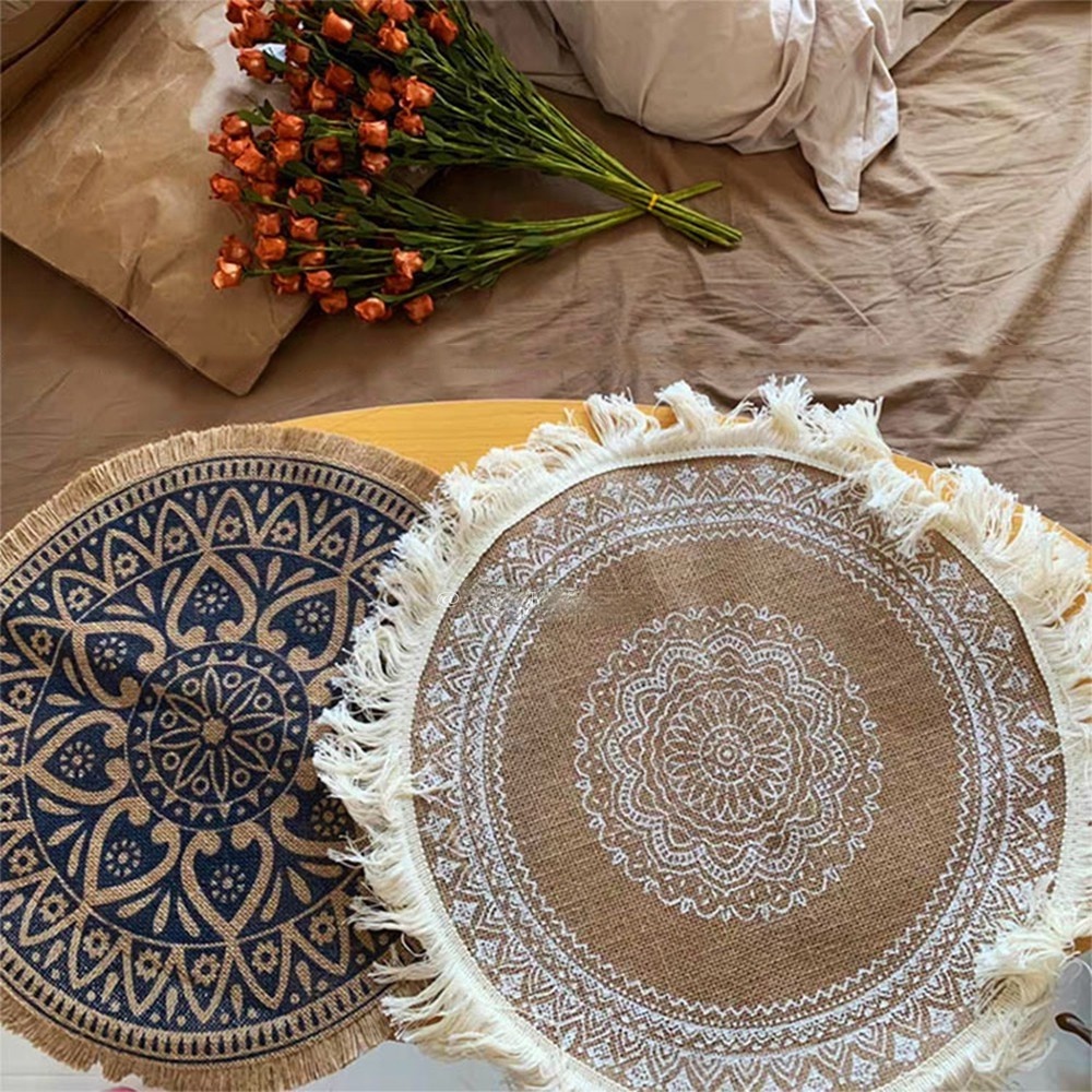 Tấm Lót Bàn Ăn Bằng Cotton Lanh Dày Cách Nhiệt Phối Tua Rua Phong Cách Bắc Âu