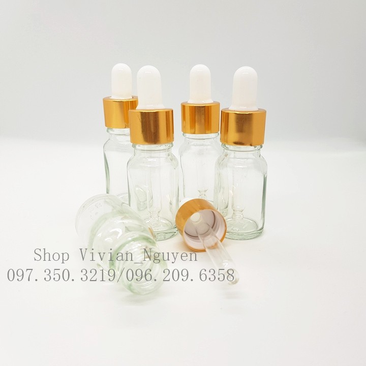 Combo 10 Chai đựng Tinh Dầu, Serum 10ml, Thuỷ Tinh Trong suốt, Nắp Bóp Nhôm Vàng