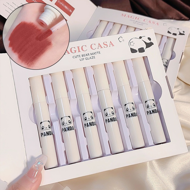 Bộ Son Môi 6 Màu Nhung Lì Tự Nhiên Làm Sáng Môi Thiết Kế Hình Gấu Hoạt Hình
