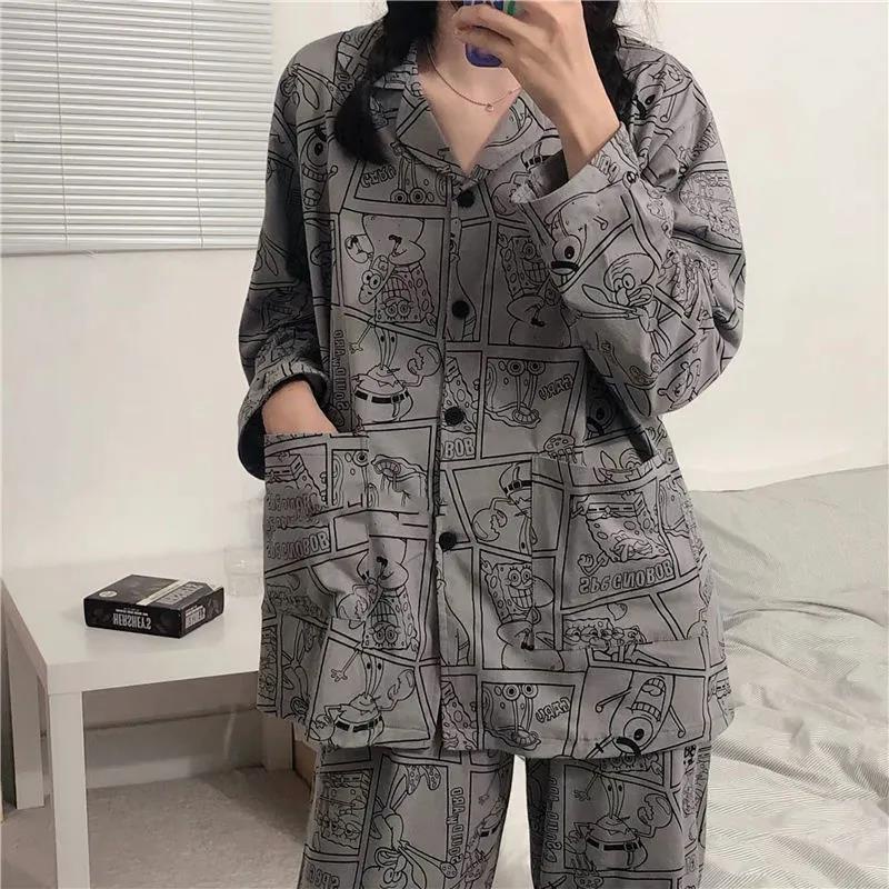 Bộ đồ ngủ tay dài thêu họa tiết hoạt hình phong cách Nhật Bản thời trang thu đông cho nữ | BigBuy360 - bigbuy360.vn