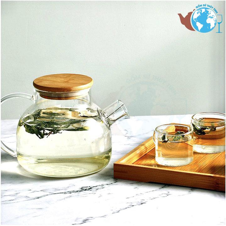 Bộ ấm trà và 4 ly thủy tinh chịu nhiệt cao kèm khay gỗ- Bộ ấm trà 4 ly thủy tinh cao cấp - GPH20/L6