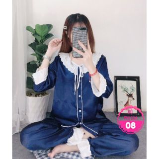 Bộ Lụa Satin Phối Ren Tay Lỡ Quần Dài