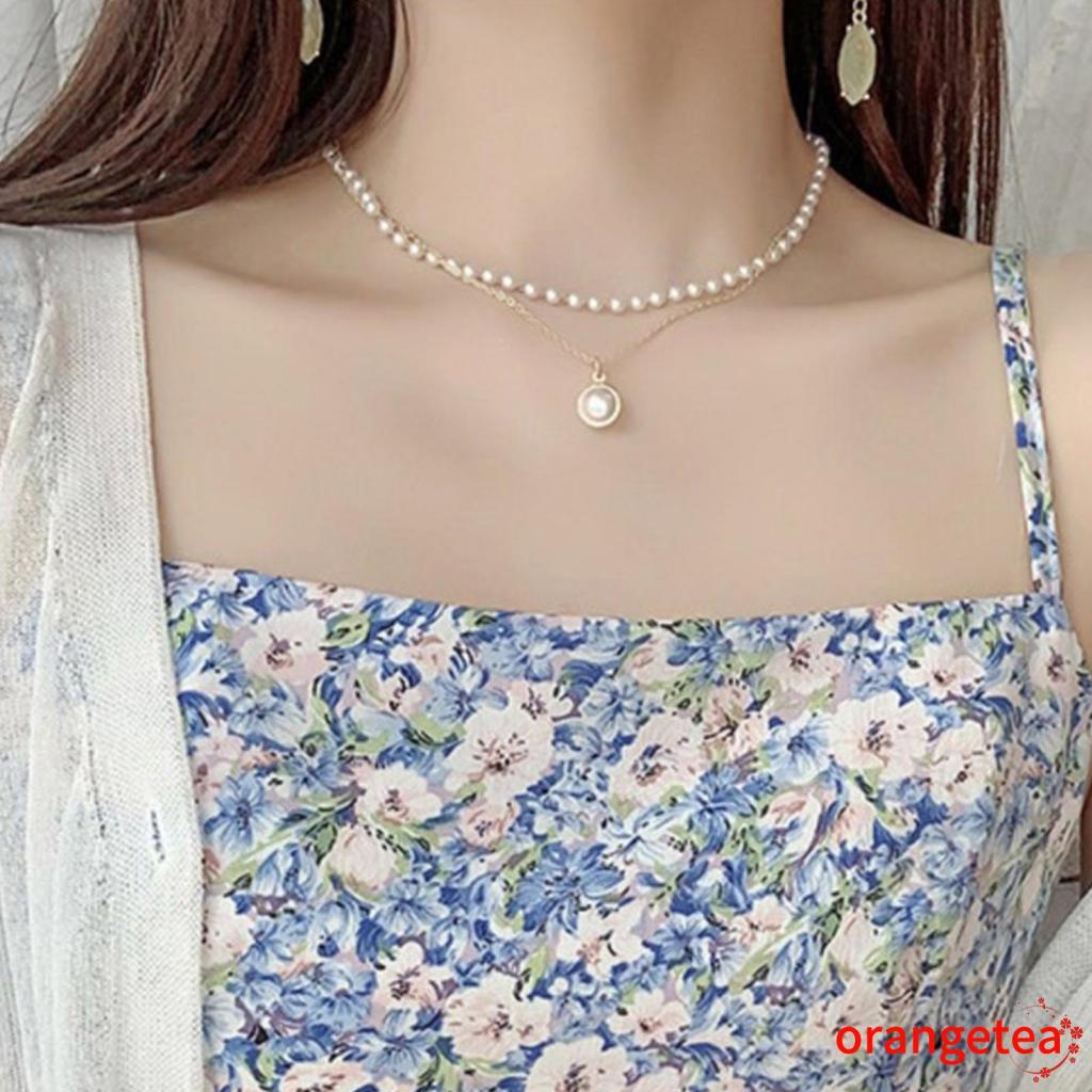 Vòng cổ hợp kim hai lớp đính ngọc trai nhân tạo thời trang