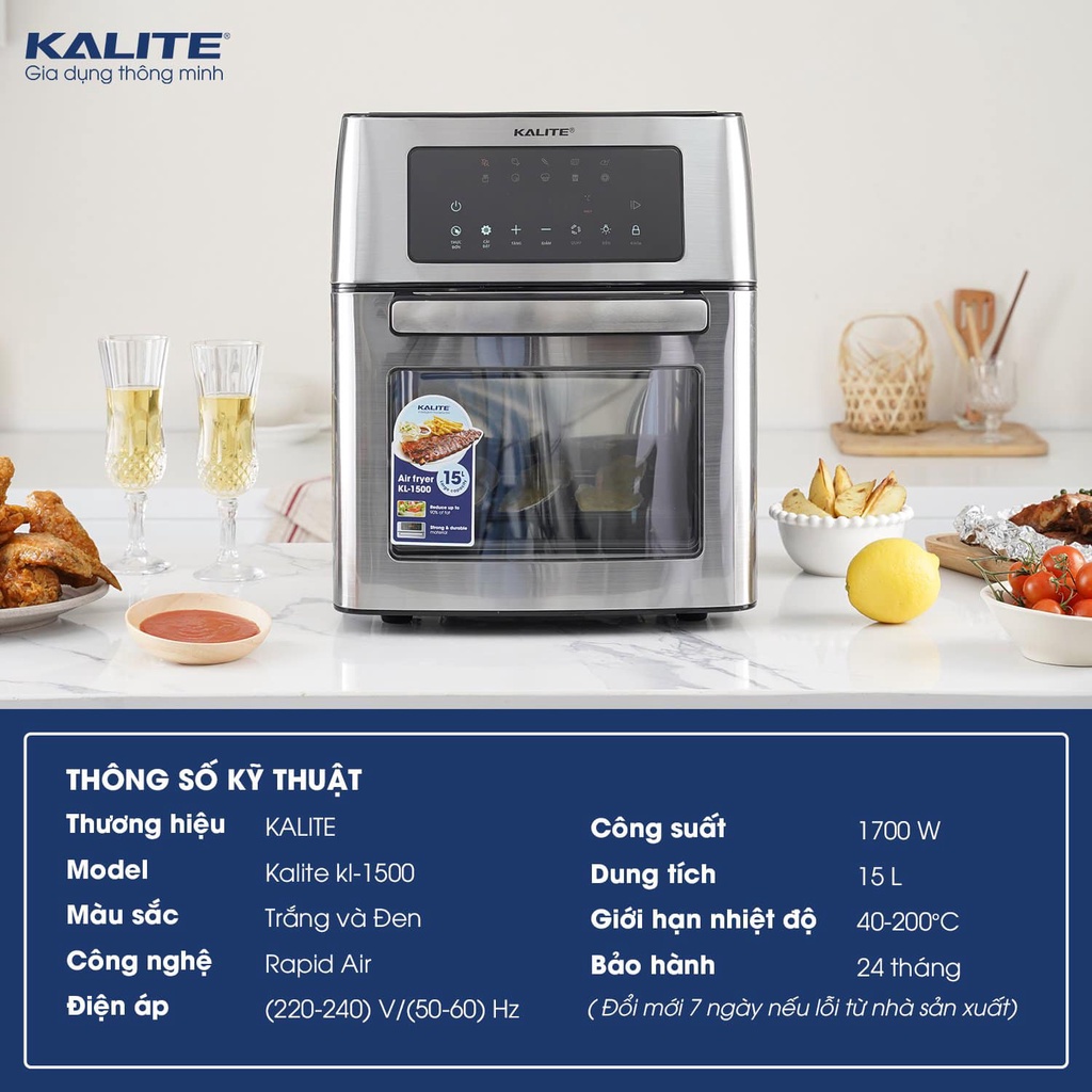 Nồi chiên không dầu Kalite KL 1500 dung tích 15L công suất 1700W nướng gà nguyên con lọc dầu mỡ 95% , phụ kiện đa dạng