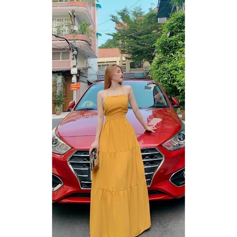 Váy nữ, đầm maxi xòe 2 dây ôm eo vàng hở lưng
