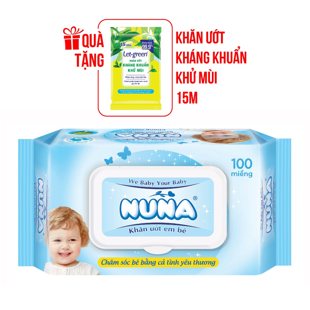 [ Tặng 1 Bao KU Khử Mùi Let-Green 15T] Khăn Ướt Em Bé Nuna 100 Miếng Tinh Chất Lô Hội