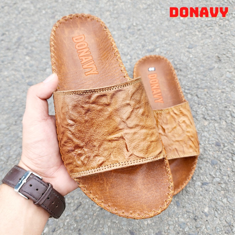 Dép Quai Ngang Nam Da Bò DONAVY Cao Cấp Thật Kiểu Chữ H, May Dấu X Phiên Bản Đặc Biệt Hàng Cao Cấp DONAVYCH