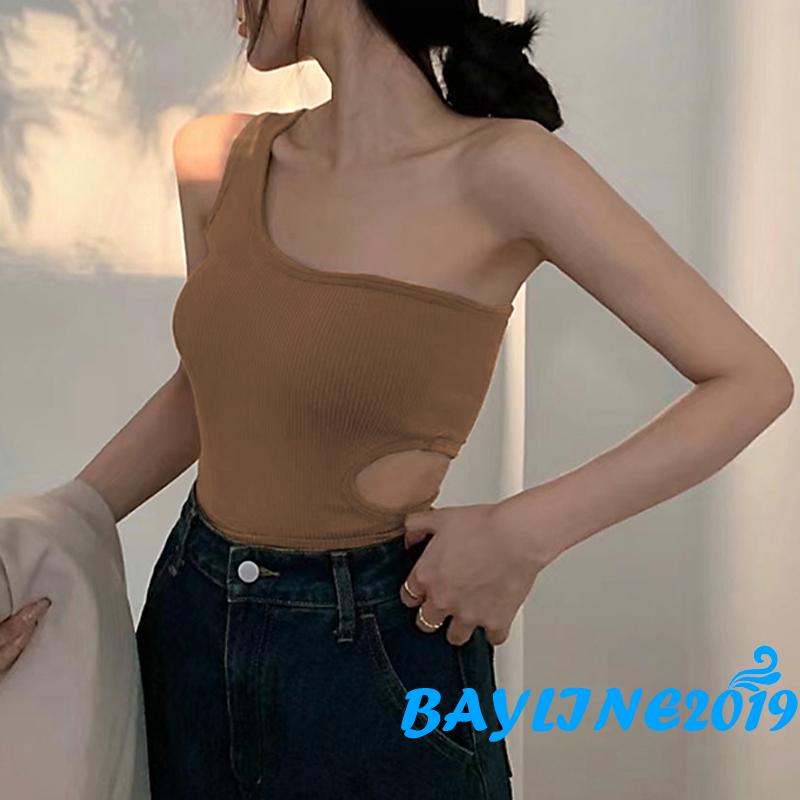 BAY-Women One Shoulder Crop Tops, Ribbed Solid Color Cutout Waist Slim Fit Sleeveless Vest Camisole