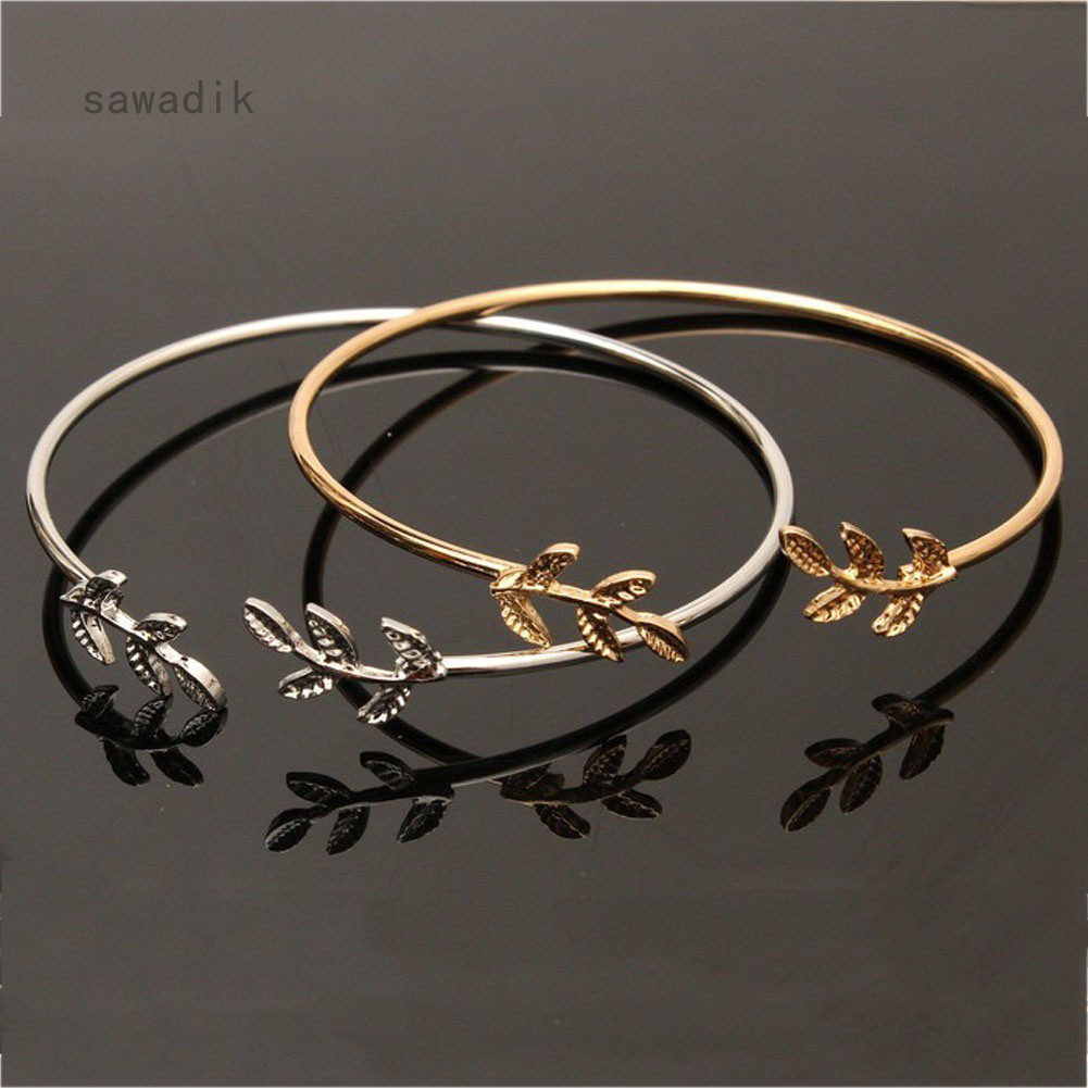 Sawadik Vòng tay mạ bạc dạng hở thiết kế chiếc lá nhỏ xinh 2 đầu dễ thương dành cho nữ