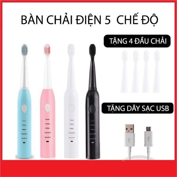 Bàn chải điện đánh răng tự động 5in1 cao cấp, bàn chải đánh răng chạy pin lông siêu mềm