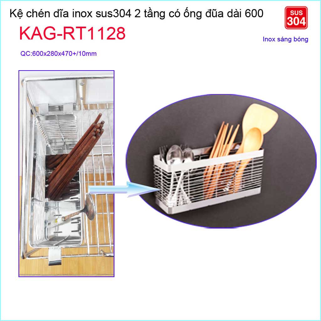 Kệ chén dĩa 6T inox 304, kệ úp chén dĩa inox có ống đũa KAG-RT1128