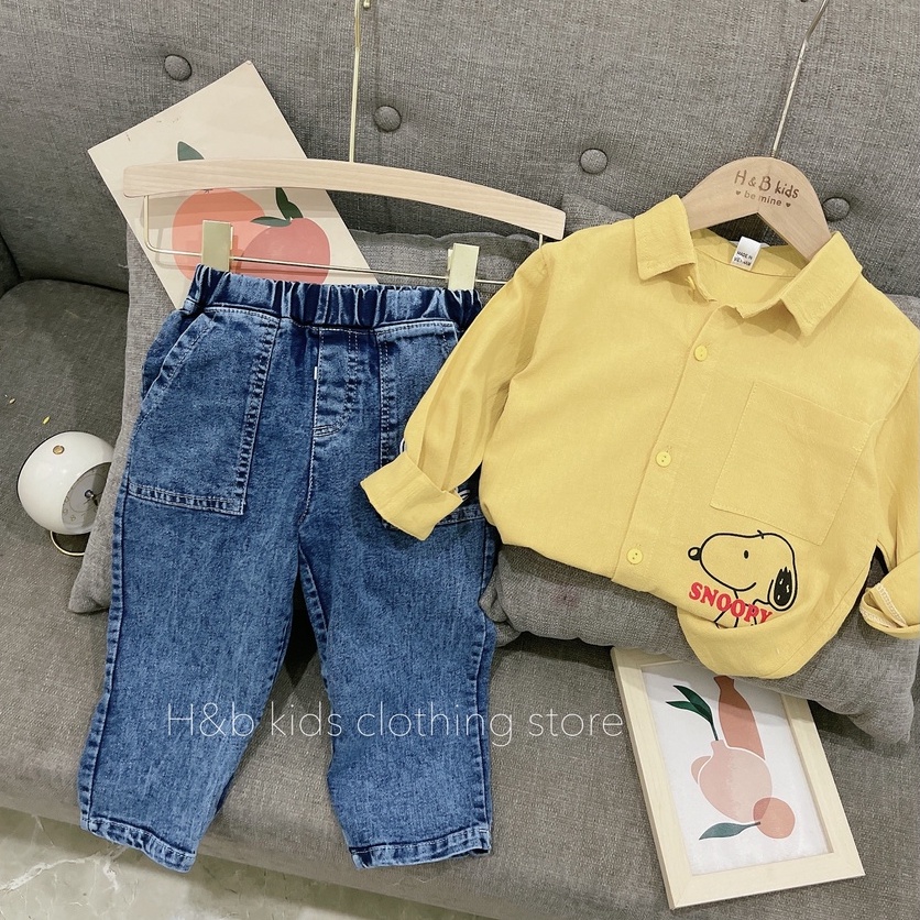 TẾT 2024: Bộ quần áo, Sét ÁO SƠ MI ĐŨI CARA + QUẦN BÒ, JEAN CARTER'S in chó SNOOPY dài bé trai 12-26kg