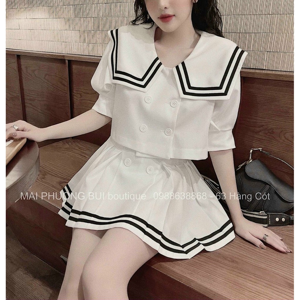 Set áo croptop tay ngắn + chân váy xòe thuỷ thủ, set nữ dạo phố đen trắng - TM25