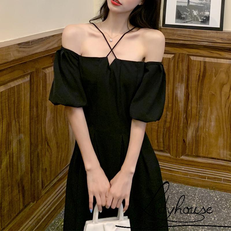 Đầm Midi Lưng Cao Trễ Vai Tay Ngắn Thời Trang Mùa Hè Cho Nữ