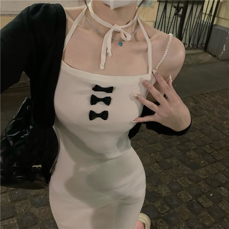 Đầm Hai Dây Ngắn Ôm Hông Đính Nơ Gợi Cảm 【ZHELIHANGFEI】