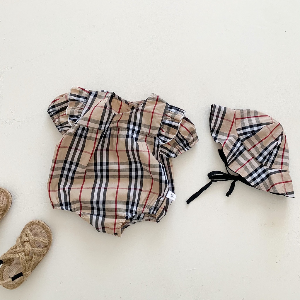 Bộ Áo Liền Quần Ngắn Tay Sọc Ca Rô + Mũ Thời Trang Cổ Điển Cho Bé Gái