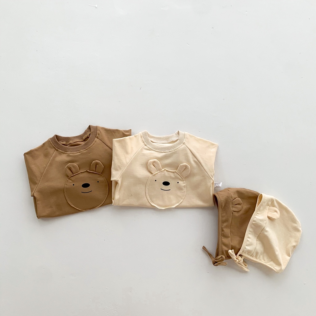 Bộ áo liền quần tay dài in hoạt hình + mũ thời trang mùa thu cho bé