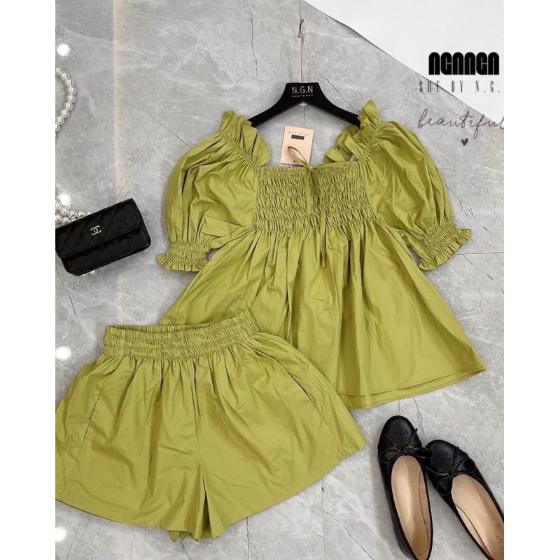 SNU226 - SET ĐÙI NỮ XANH CỐM CHUN NGỰC TAY BỒNG | BigBuy360 - bigbuy360.vn