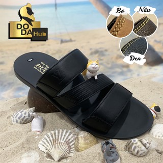 Dép nam quai ngang BH1 NĂM phiên bản Đế Cải tiến Da bò MÀU ĐEN Đức Trí Dép da Nam MXK11