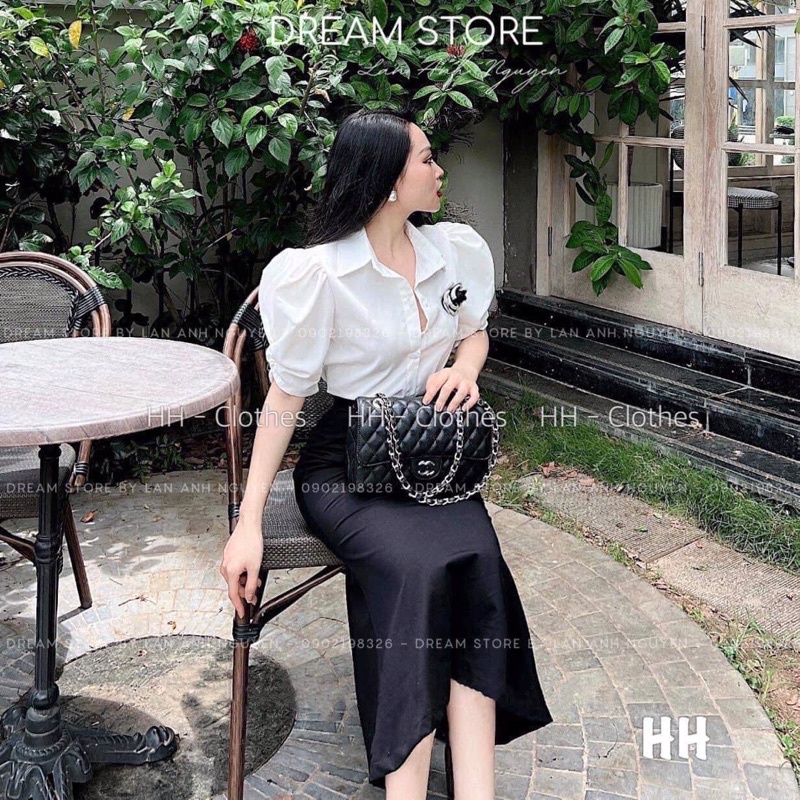 SET ÁO SƠ MI LOGO HOA MIX CHÂN VÁY ĐUÔI CÁ ĐEN