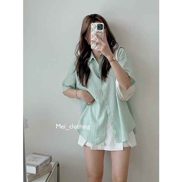 Áo sơmi gân tay lỡ xẻ lưng cách điệu, sơ mi nữ gợn sóng buộc nơ lưng A4