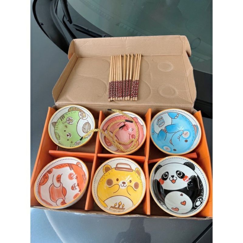 KÈM HỘP -Bộ bát, set 6 bát thú kèm đũa siêu cute, siêu đáng yêu, siêu tiện lợi giao ngẫu nhiên