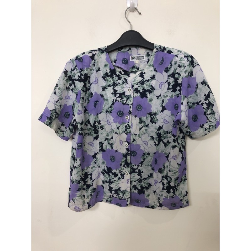 size L to XL áo sơ mi voan hoa trung niên 2hand tím đẹp mới chất đanh