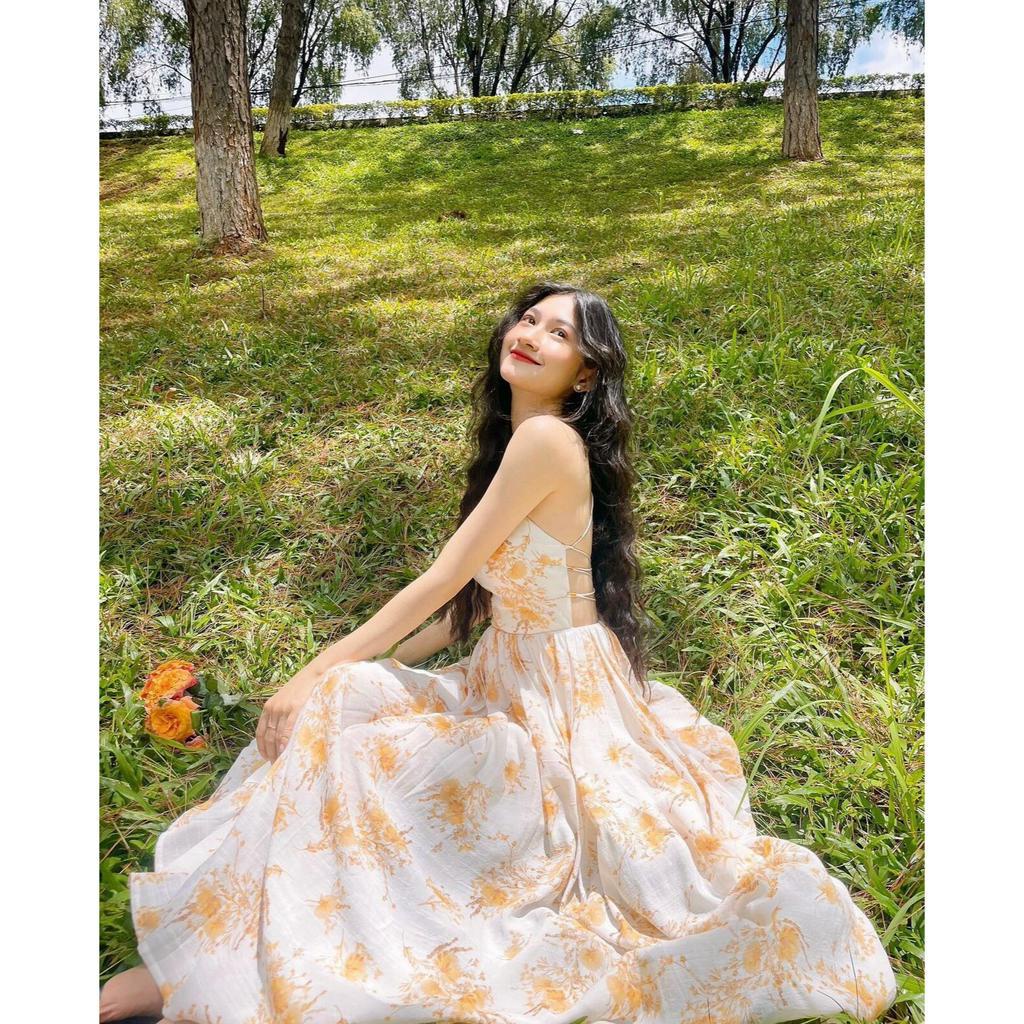 Đầm xoè dài hai dây hở lưng The Country Gibson Girl Maxi Dress vải cotton xô hoa cam