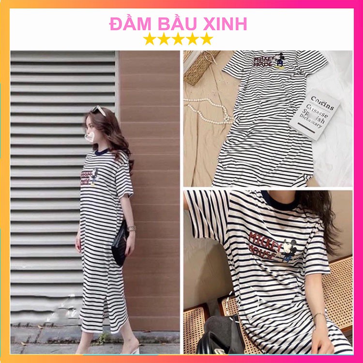 Đầm Kẻ Sọc In Họa Tiết Mickey Váy Ngắn Tay Cổ Tròn Đen Trắng Chất Cotton Thoáng Mát | BigBuy360 - bigbuy360.vn