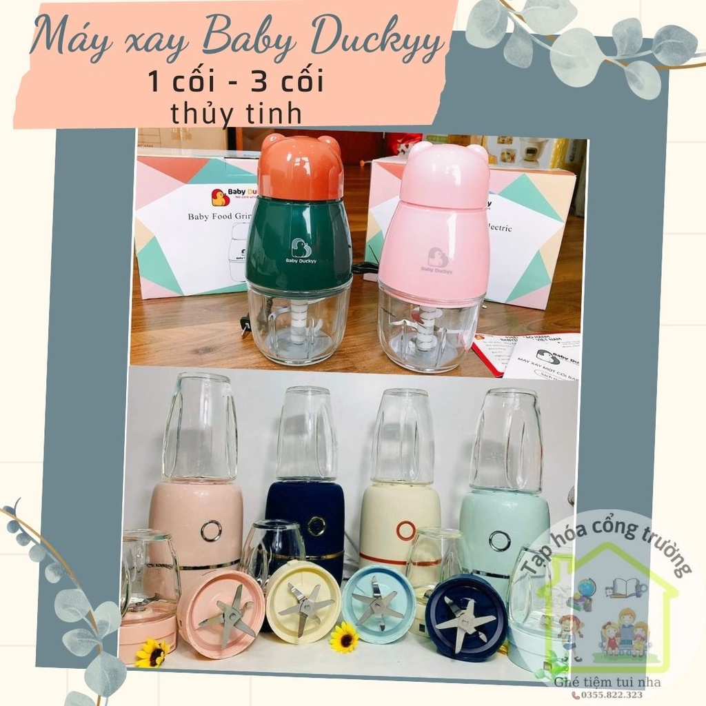 Máy Xay đồ ăn dặm Thịt Cá Tôm Cua Sinh tố Củ Hạt Khô Gạo Đá viên. Máy đa năng 1 cối & 3 cối thủy tinh 6 lưỡi BABY DUCKYY