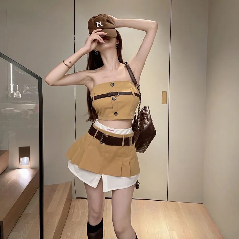 JB003 Set jeans nữ Áo jeans croptop áo 2 dây combo chân váy xếp ly nữ chất đẹp kaki bò cạp thấp mẫu hot