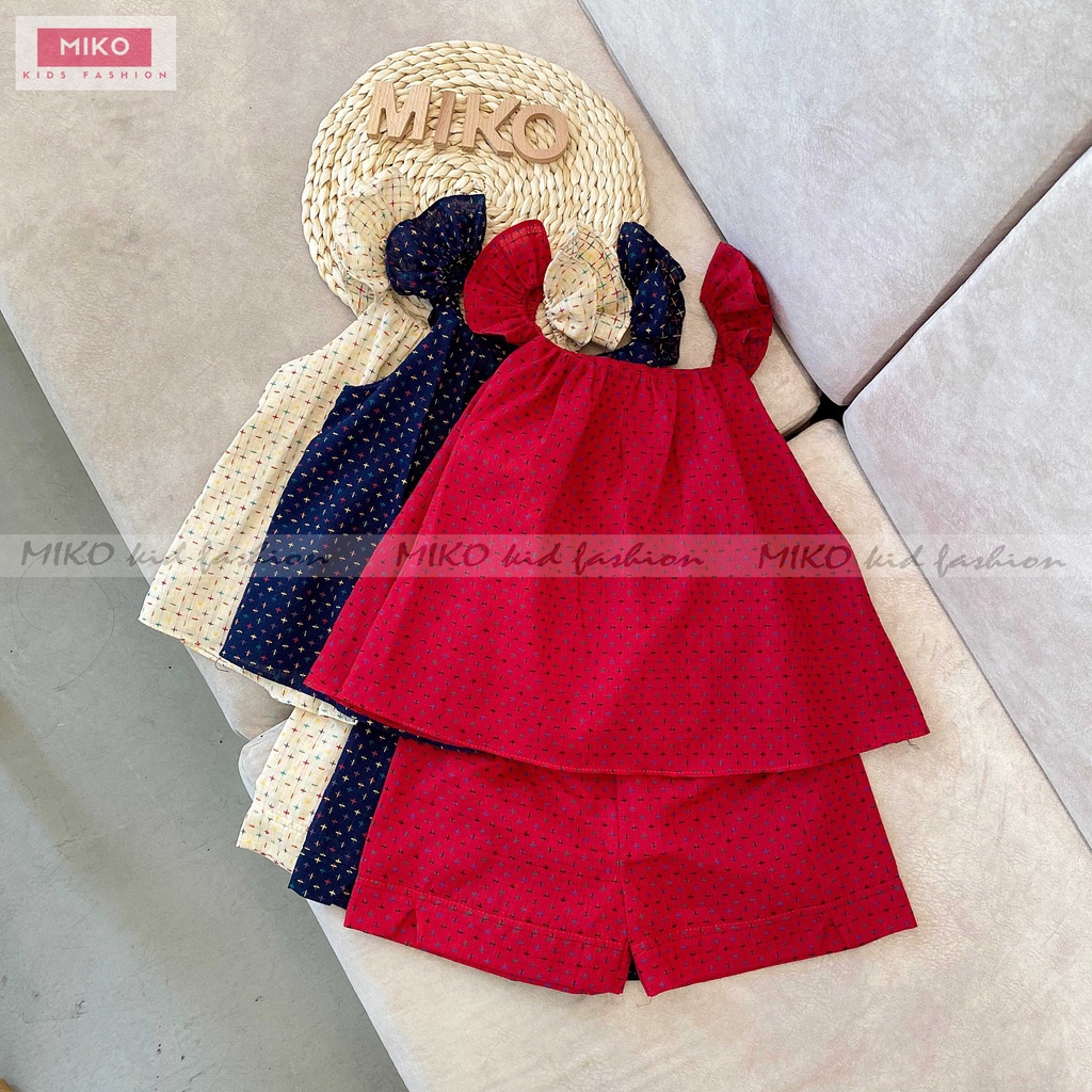 Đồ bộ bé gái sát nách MIKO be đỏ xanh vải xô thêu mẫu NICOLE