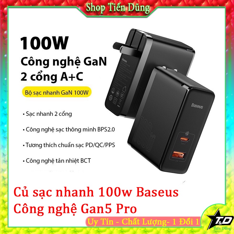 Củ sạc nhanh đa năng Baseus 100W GaN 5 Pro USB PD4.0 QC3.0 Type-C giúp sạc được điện thoại, laptop siêu nhanh.