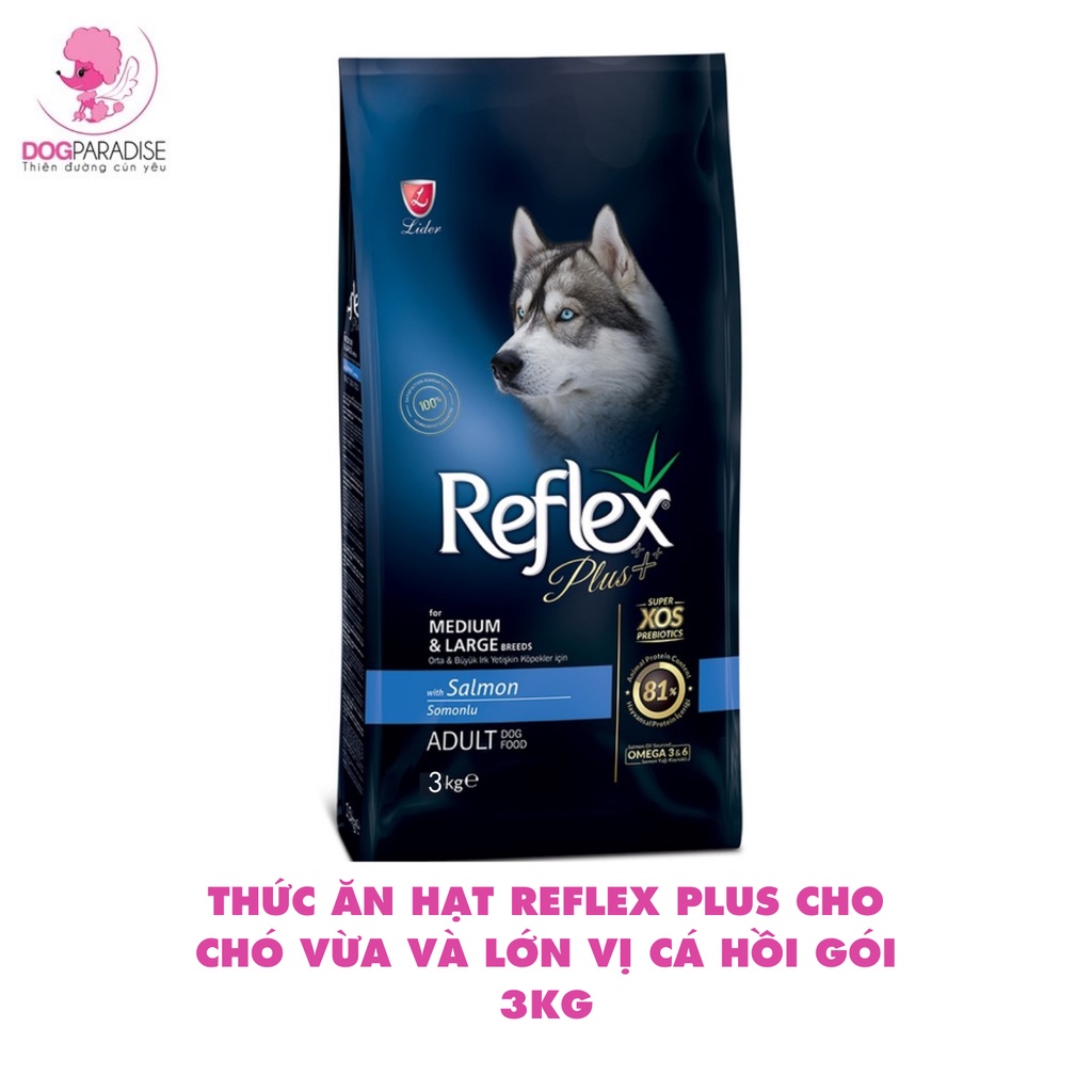 Thức ăn hạt Reflex Plus cho chó vừa và lớn vị cá hồi cải thiện hệ tiêu hóa túi 3kg - Dog Paradise