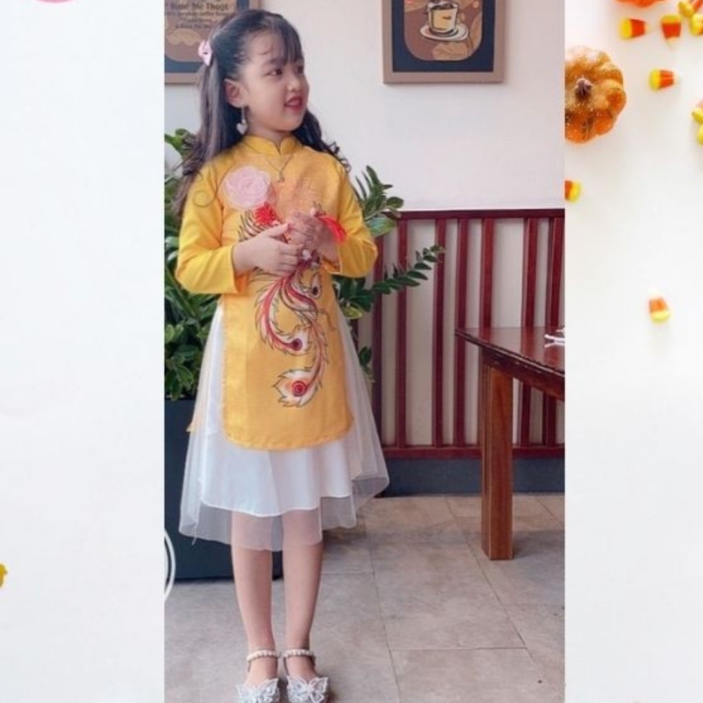 Áo Dài Tết Cho Bé LỤA CAO CẤPÁo Dài Cách Tân Thêu Tay 100% Hình Phượng Hoàng Cho Bé Trai Bé Gái .