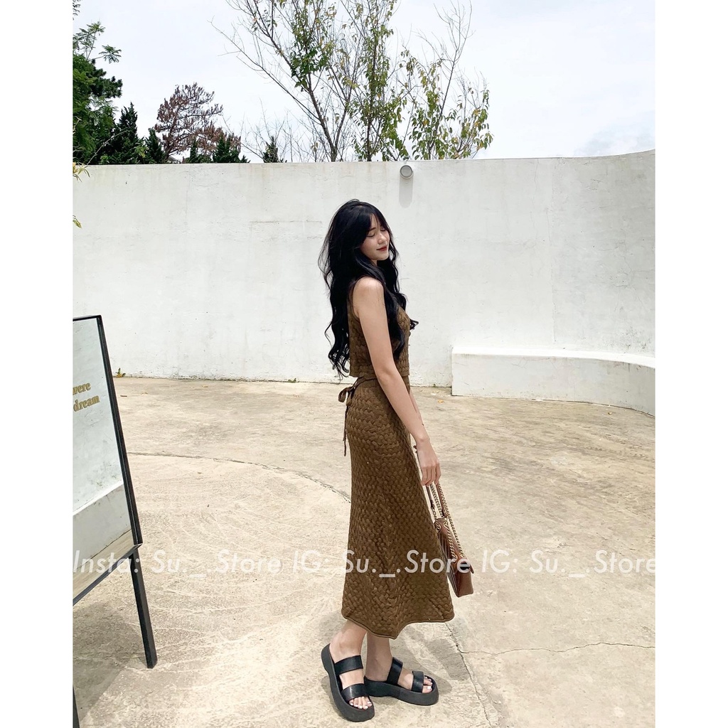 Set áo len thừng sát vai dây buộc kèm chân váy dáng dài S404 SUSTORE