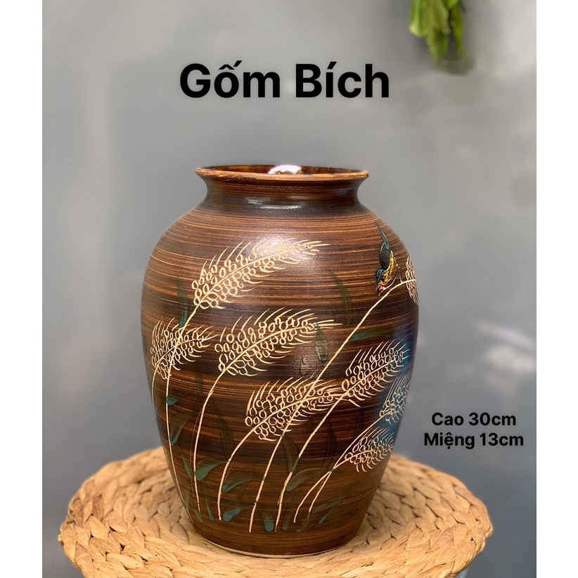 Bình Hoa Lọ Hoa Vẽ Tay Bông Lúa Men Mộc Gốm Sứ Bát Tràng - Gốm Bích