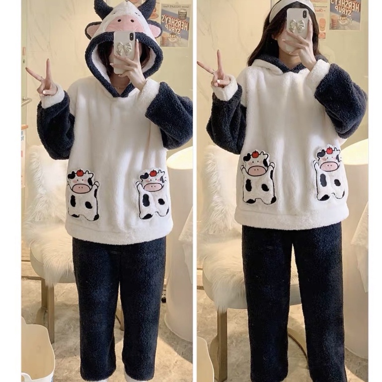 Bộ đồ lông bò sữa phối màu siêu cute mix quần ống suông BN124