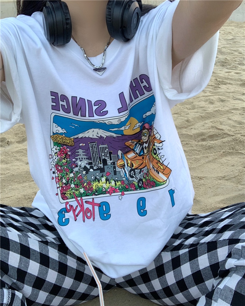 Áo Thun Cotton Nguyên Chất Ngắn Tay Dáng Rộng In Hình Truyện Tranh Phong Cách Mới Mùa Hè 533