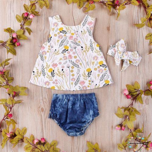 Set Áo Sát Nách In Hoa+Quần Short Denim+Băng Đô Cho Bé Gái