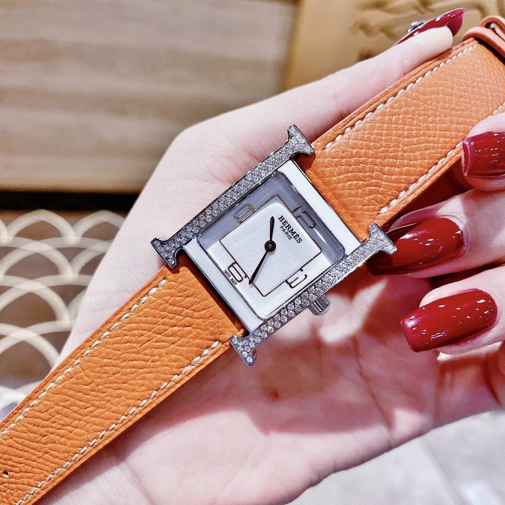 Đồng hồ Hermes Heure H Double Jeu nữ dây da - Viền Ceramic Mặt Đính Đá - Size 26x32mm hermes