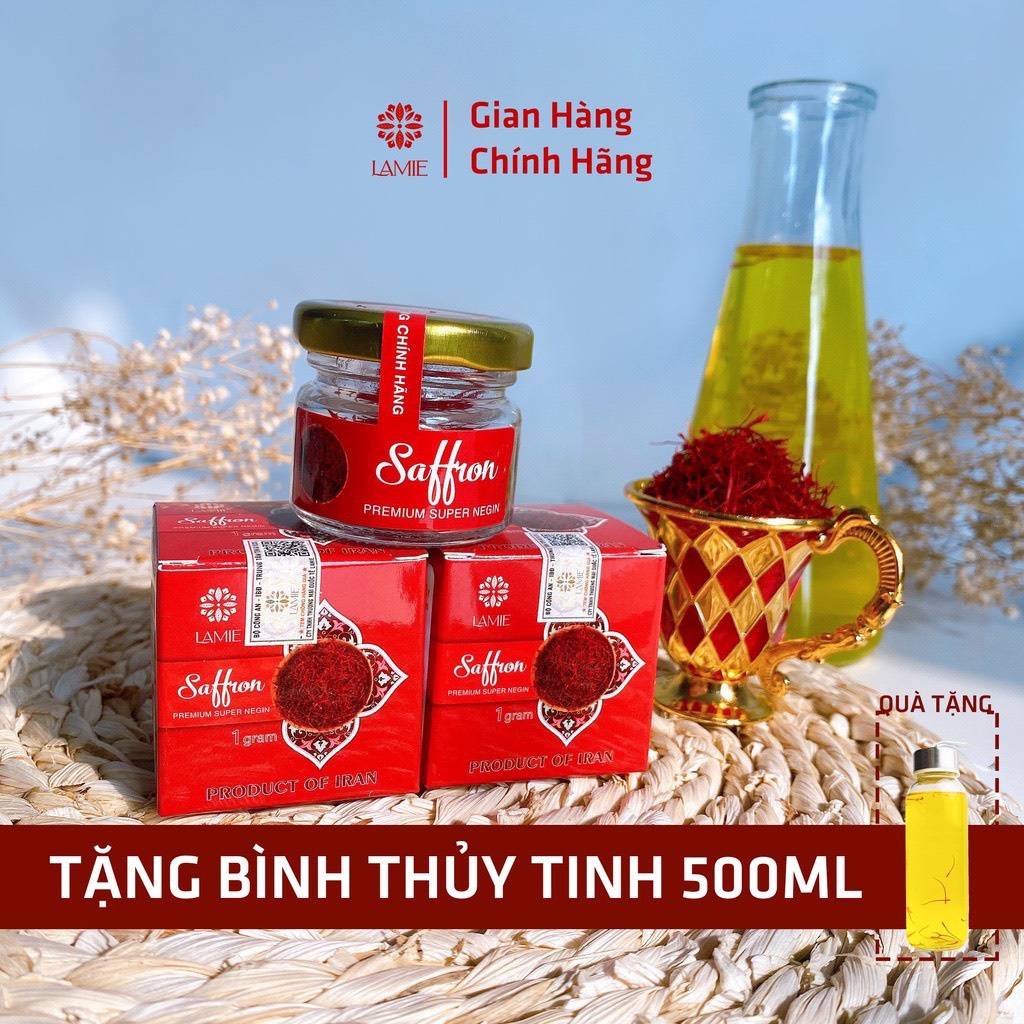 Saffron nhụy hoa nghệ tây IRan hàng nhập khẩu có đủ kiểm nghiệm và công bố thương hiệu Lamie hộp 1gram.