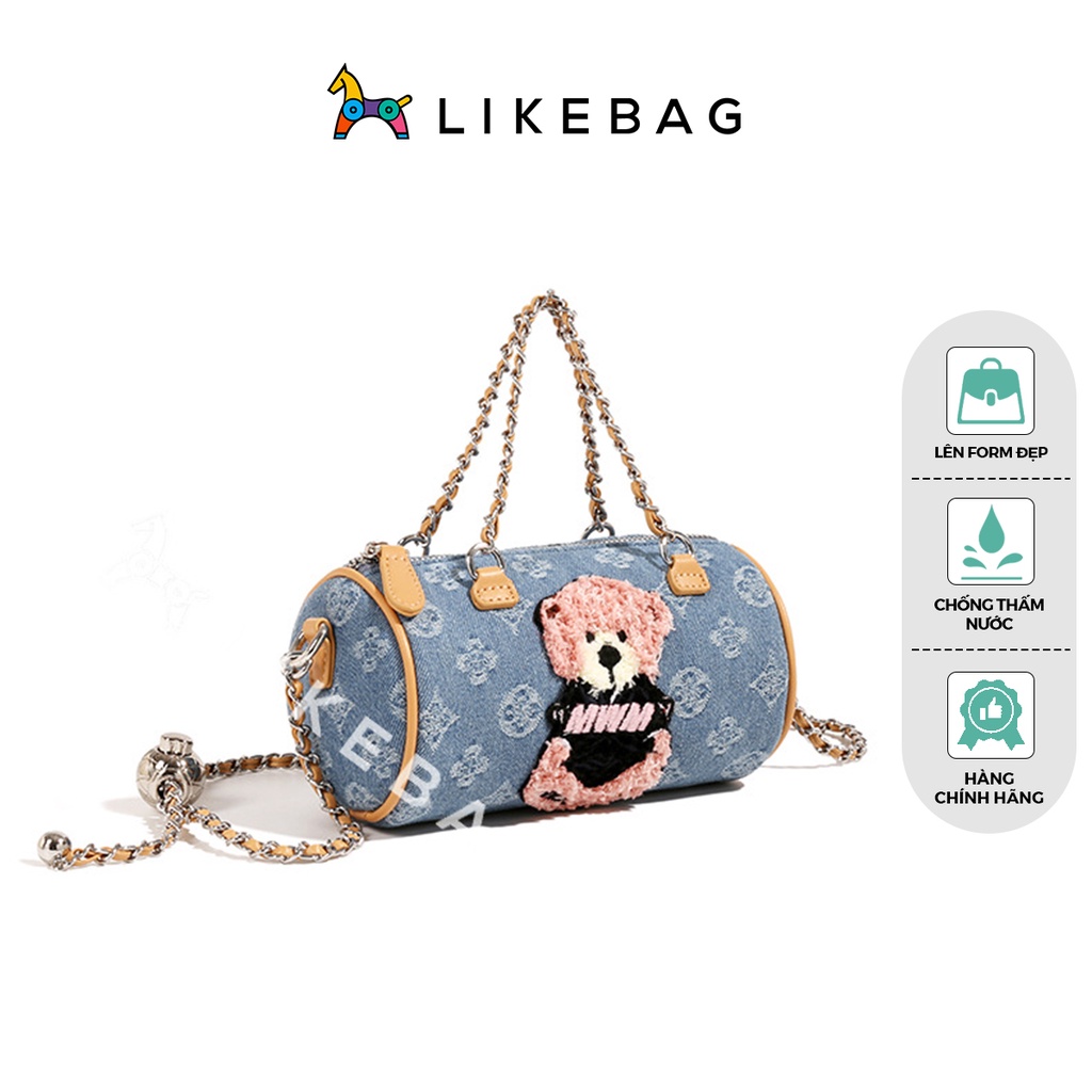 Túi đeo chéo nữ hình trống LIKEBAG thêu gấu dễ thương phối quai xách xích 223XK6102 - LIBAGI