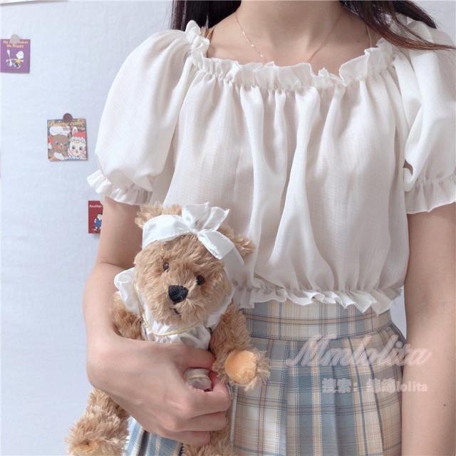 [có sẵn] Áo croptop voan cotton tay bồng lót JSK Lolita