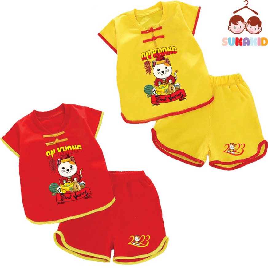Gía sỉ Bộ quần áo tết hình mèo an khang thịnh vượn bé nút tàu tết bé từ 6kg-29kg.NT08.