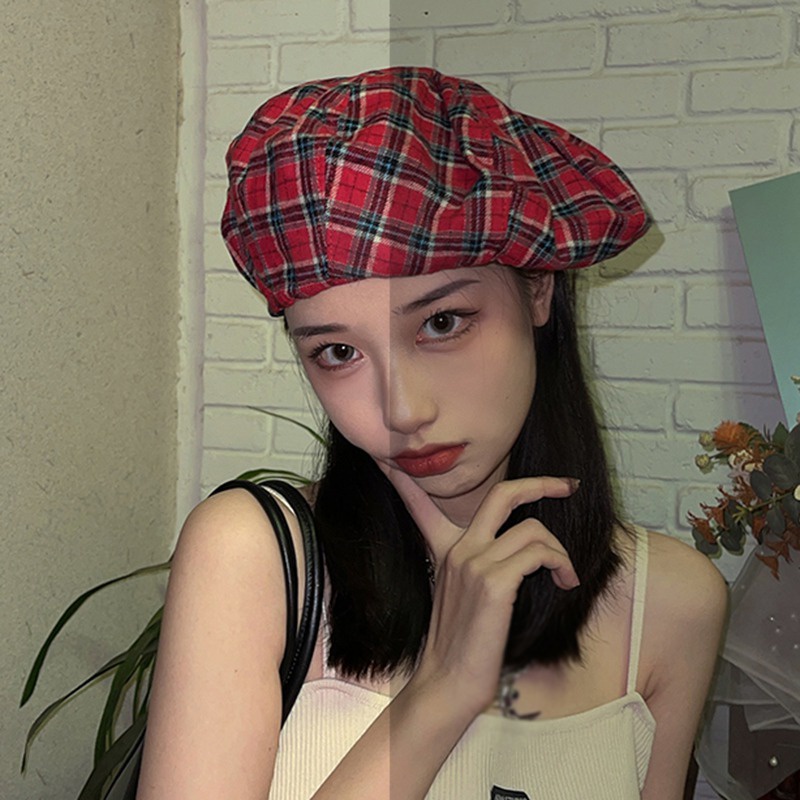 Mũ Beret Họa Tiết Sọc Caro Phong Cách Retro Hàn Quốc Cho Nữ