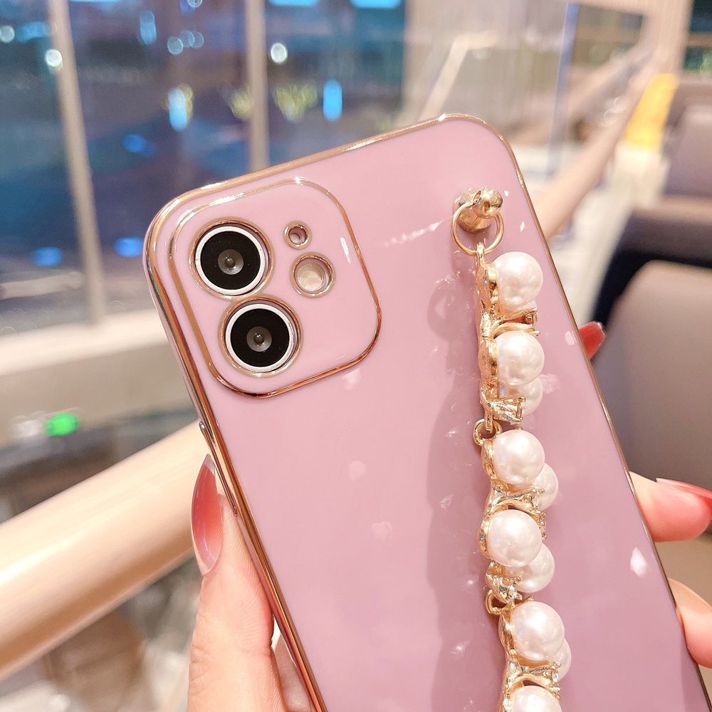Ốp điện thoại màu trơn đính dây đeo ngọc trai nhân tạo sang trọng cho iPhone 12 11 Pro Max XS Max XR X 8 7 Plus