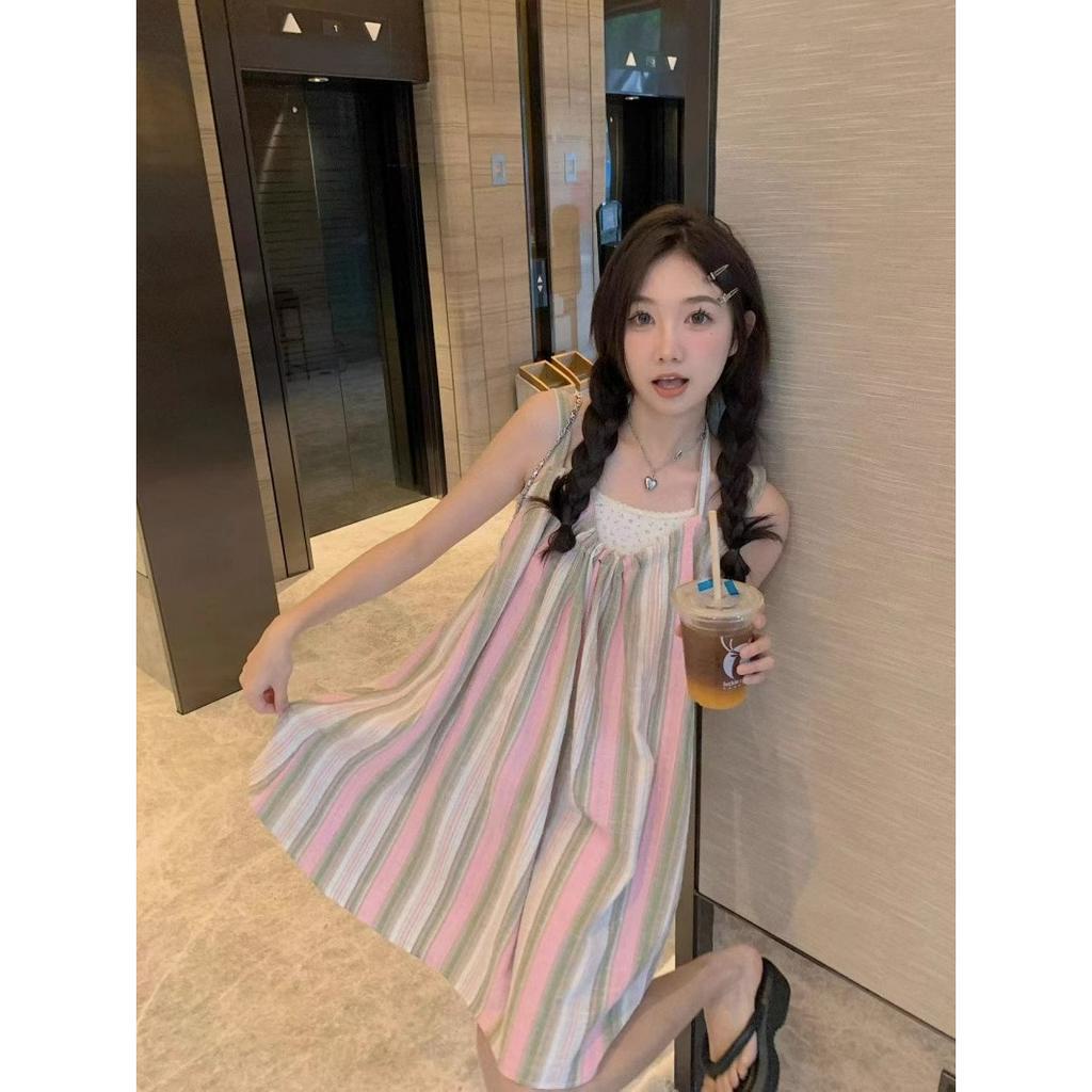 Đầm Hai Dây Hở Lưng Dáng Rộng Họa Tiết Kẻ Sọc Thời Trang Mùa Hè Hàng Mới 2023 Dành Cho Bạn Nữ